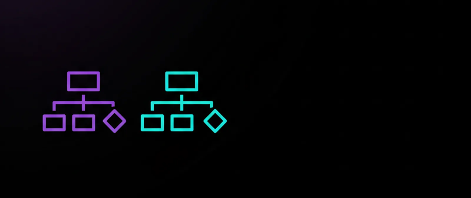 Two matching organisation charts, one violet and one cyan, suggesting a chart that updates to match the current structure