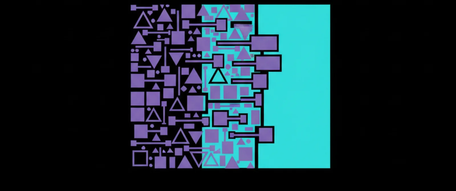 Scattered shapes settling into one solid block, like loose acknowledgements becoming a single complete record
