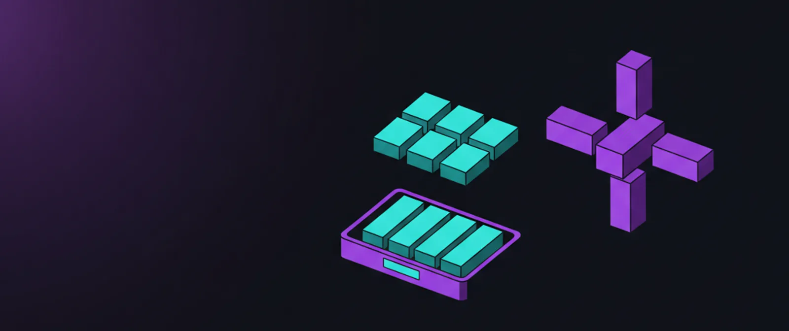 Two options side by side in cyan and violet: blocks already fitted in a tray, and a separate assembly beside them