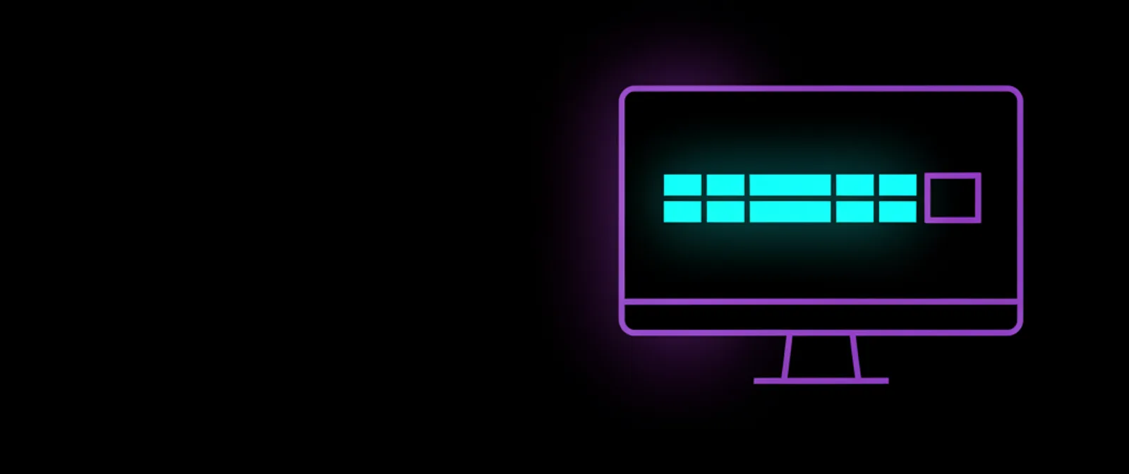 A monitor outlined in violet, showing a row of filled cyan tiles and one empty violet tile at the end, waiting for the next build