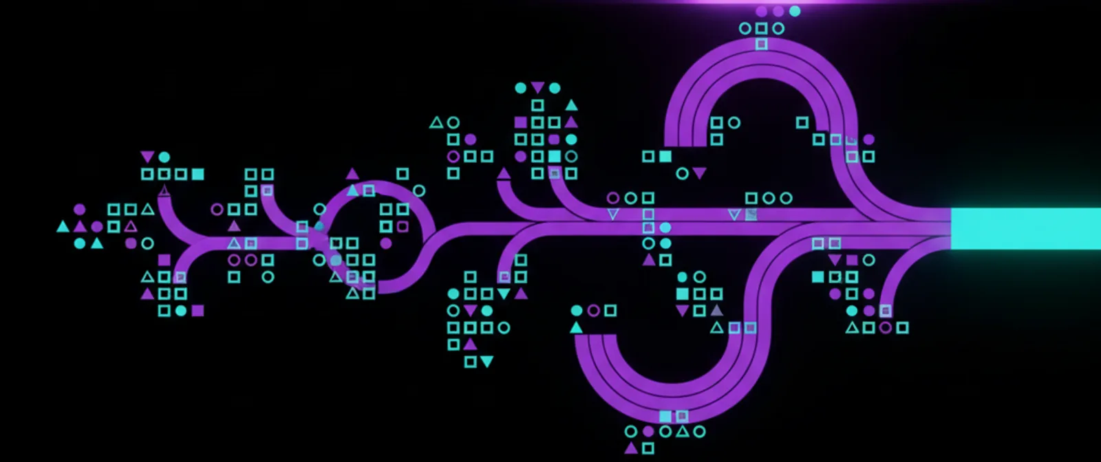 A tangled process path that doubles back on itself before reaching one straight line at the end