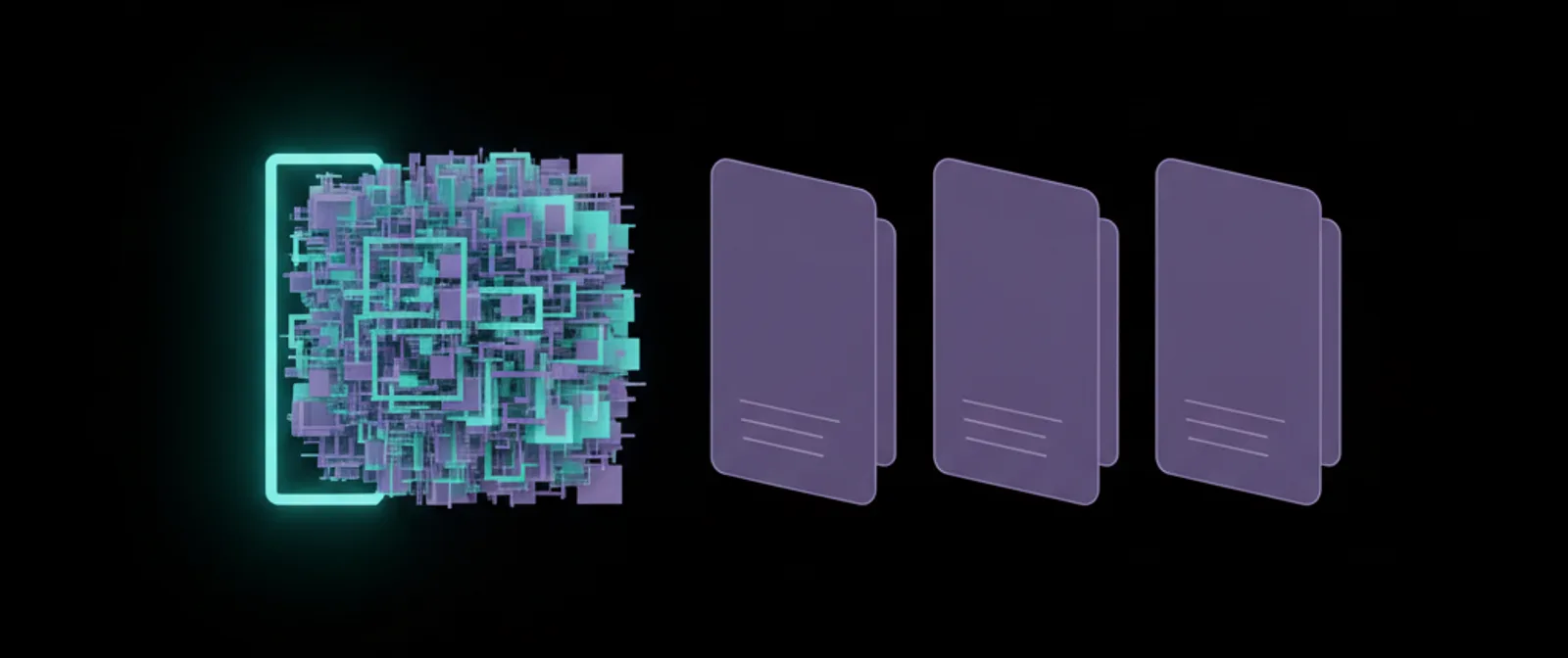 Four document packets in a row: the first opened and lit up in cyan to show the tangle inside, the other three still closed
