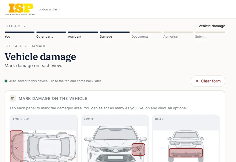 The online claim form at step 4 of 7: marking damage on each view of the car
