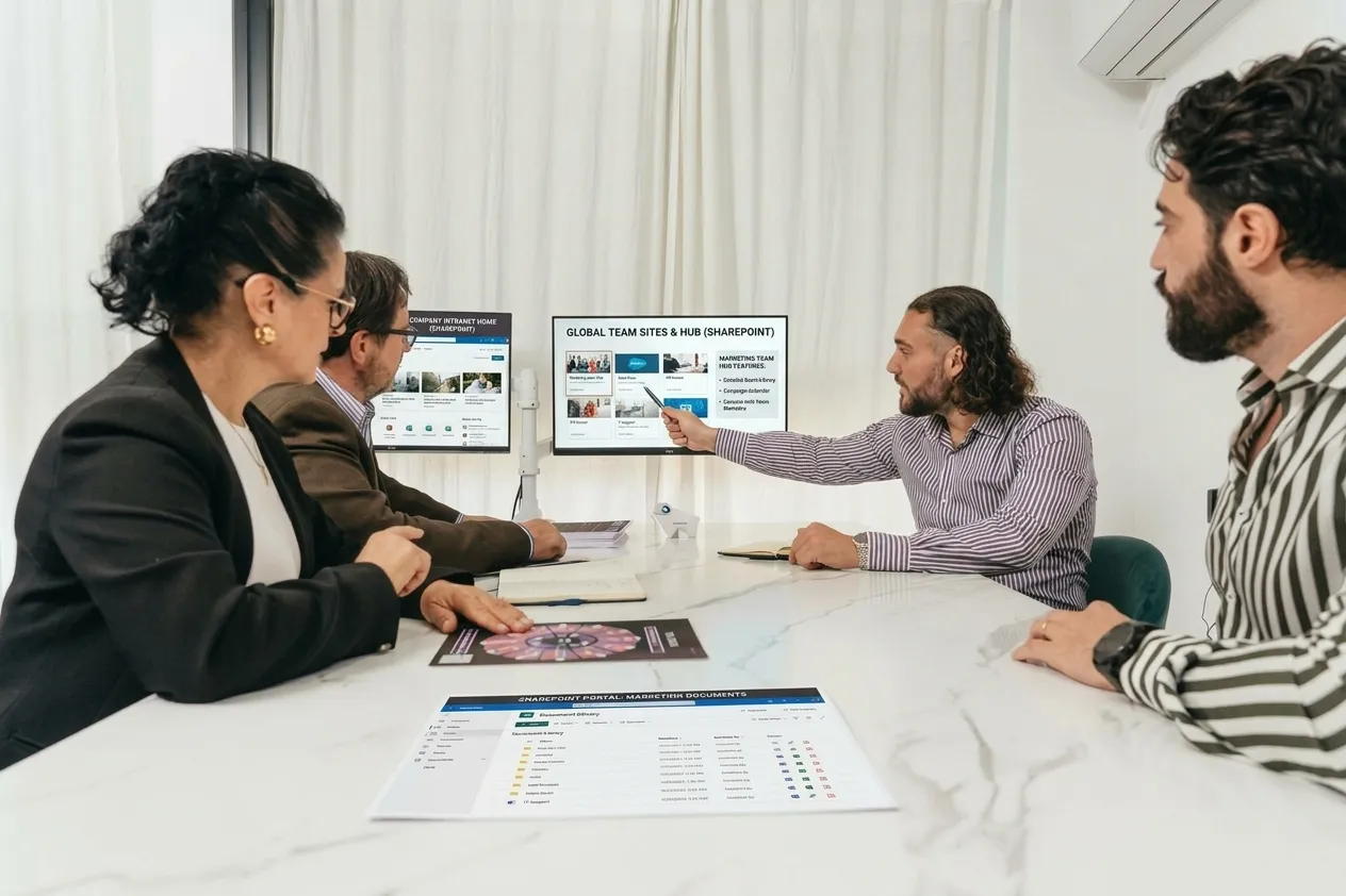 Four people at a meeting table, one pointing at a SharePoint team hub on the screen